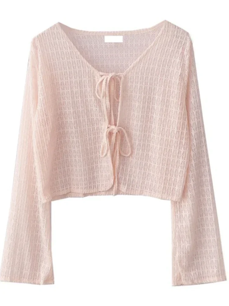 

Sweet Bandage Fashion Knitted Cardigan Y2k Clothing Knitwear Cropped Sweater for Women V-neck Long Sleeve Loose Sueter Mujer