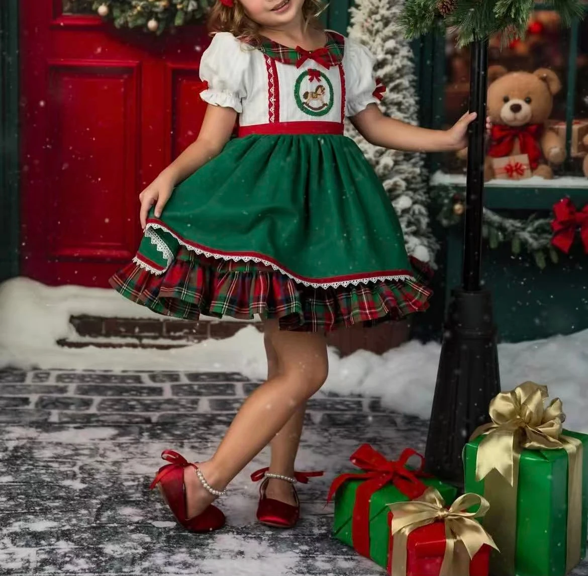 

0-12Y Baby Girl Summer Trojan Horse Embroidery Vintage Princess Green Dress for Birthday Photography Holiday Eid Christmas B471