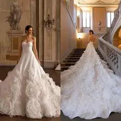 Unique Wedding Dresses A-Line Strapless Flowers Ruffles Floor-Length Princess Bride Wedding Dress Custom Made