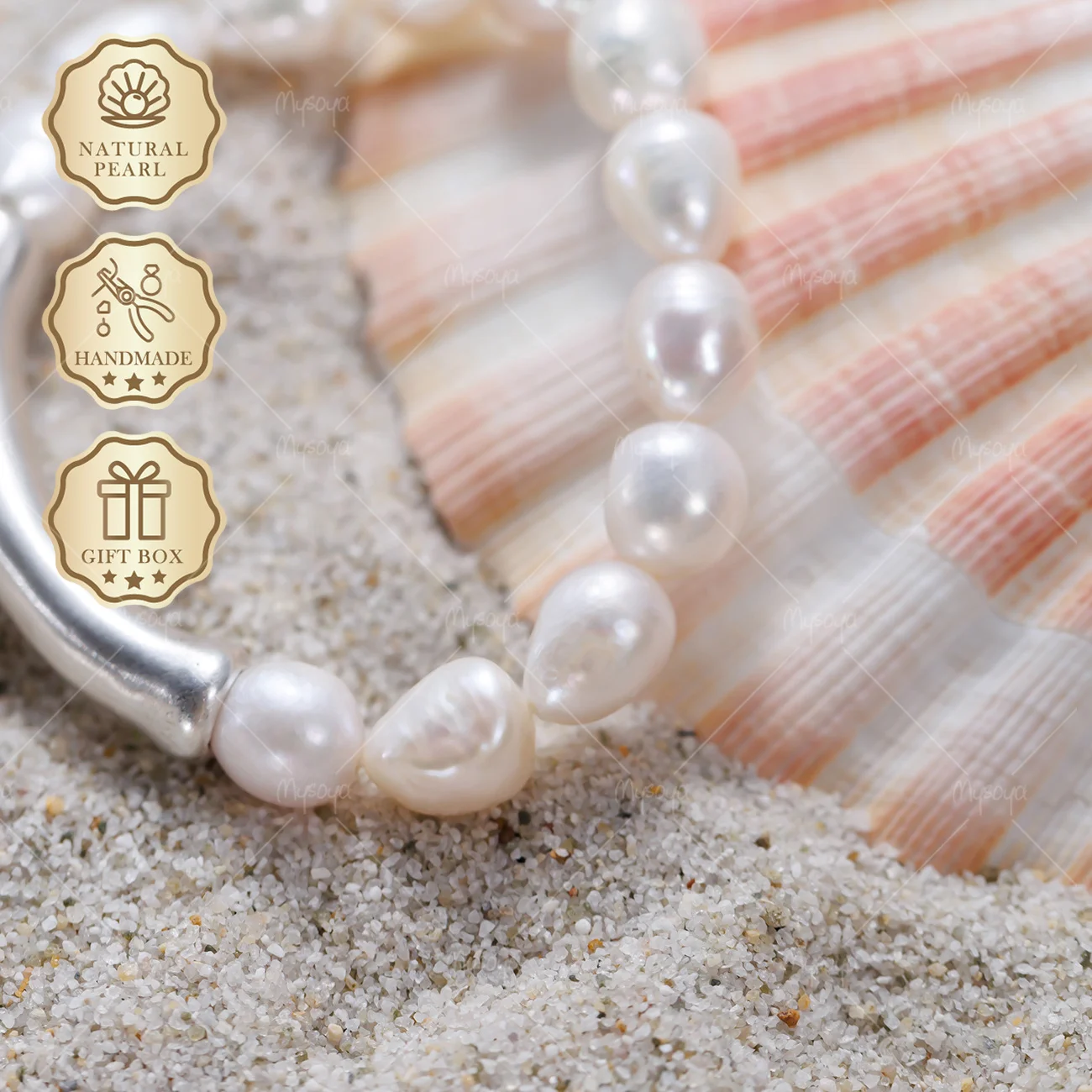 

MYSOYA 9-10mm White Baroque Freshwater Pearl Bracelet with S999 Silver Tube Accent, Gift Box Included, Luxury Jewelry S536