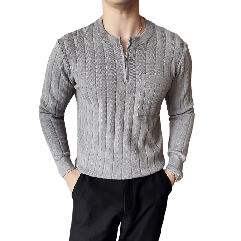 

Men Business Casual Fashion Solid Color Henry Collar Strip Slim Fit Pullover Knitted Sweater Commuter Clothing Knitwear Sweaters