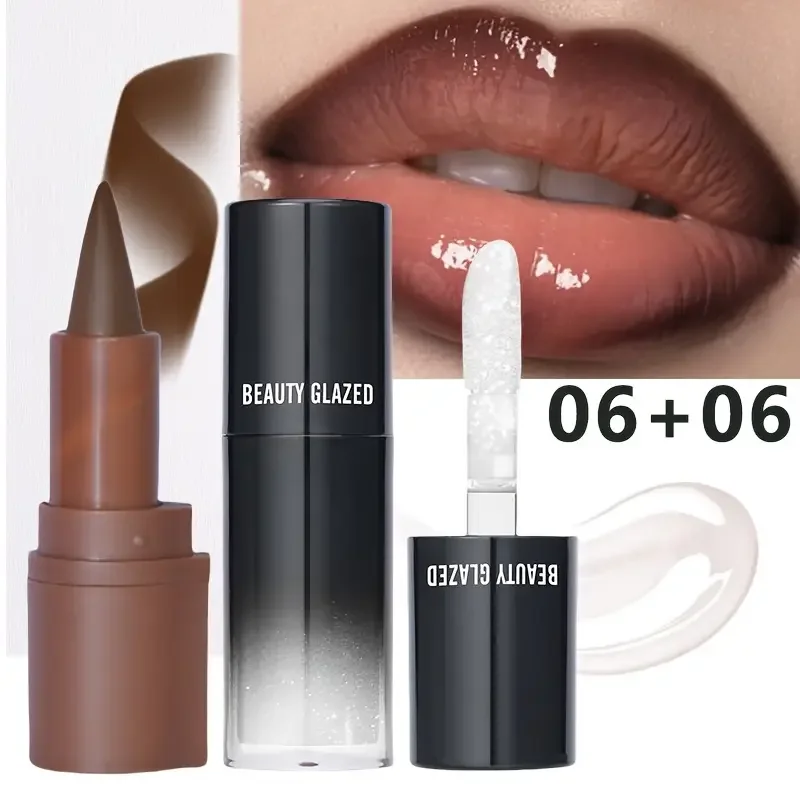Combo de brillo de labios hidratante y delineador marrón para mujer, efecto hidratante y relleno, 2 colores, combinación de delineador de labios