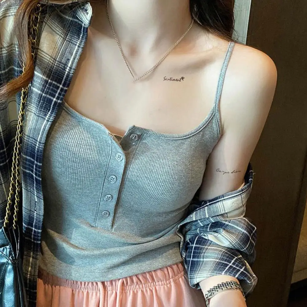 

New Tank Top For Women Ribbed Button Down Sleeveless Camisole Women Summer Basic Elastic Crop Tops with Padded Bra Sports Vest