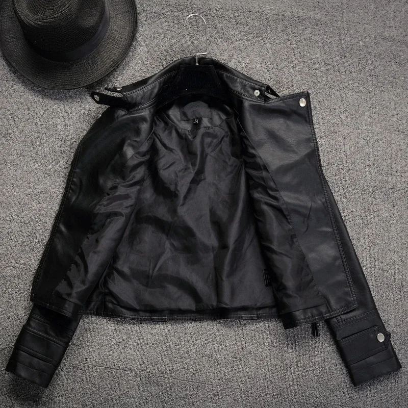 Imagem -03 - Jaqueta de Couro pu Feminina Cabolsa Curto Preto Tops de Motocicleta Lapela Fina Jaquetas de Pele Sintética Moda Casual Outono