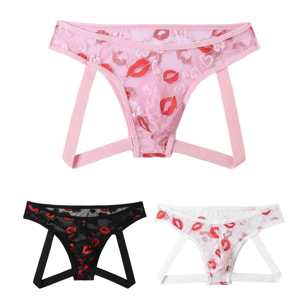 

Men Sexy Sissy Mesh Sheer Sexy Lingerie Strap Bulge Pouch Breathable Briefs Low Rise Printed Brazilian Underwear Men's Panties