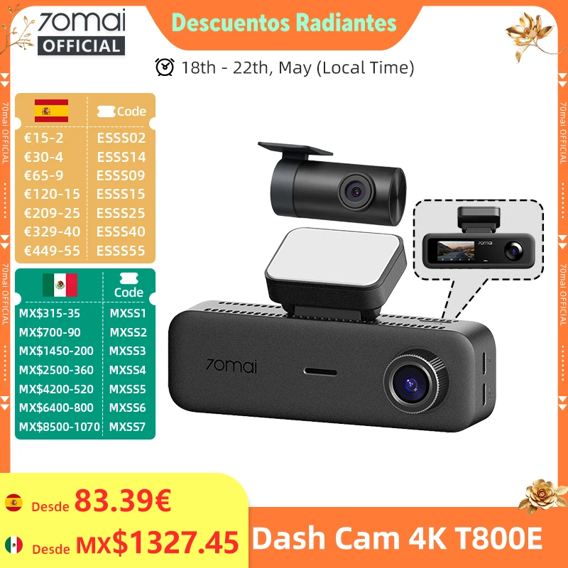 70mai T800E Cámara para Coche de 3 Canales: Delantera 4K + Trasera 1080P + Interior 1080P HDR, Supercondensador, GPS, WiFi 6, Control por Voz