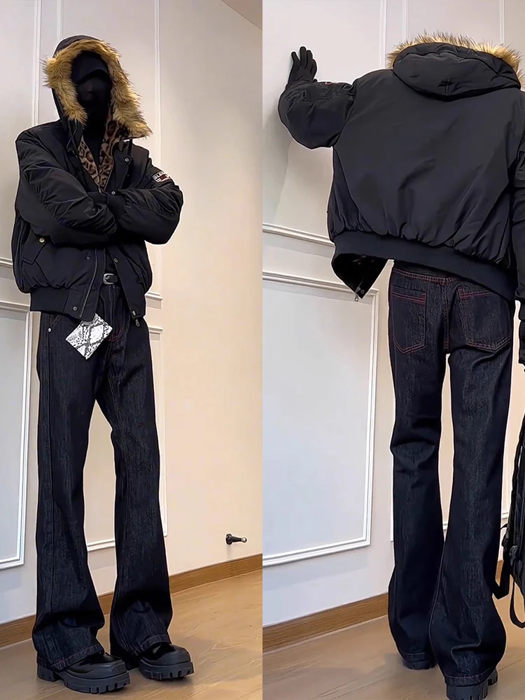 

American Original Blue Jeans Men's High Waist Straight Leg Micro Flared Pants Color Block Trendy Brand Cleanfit Style