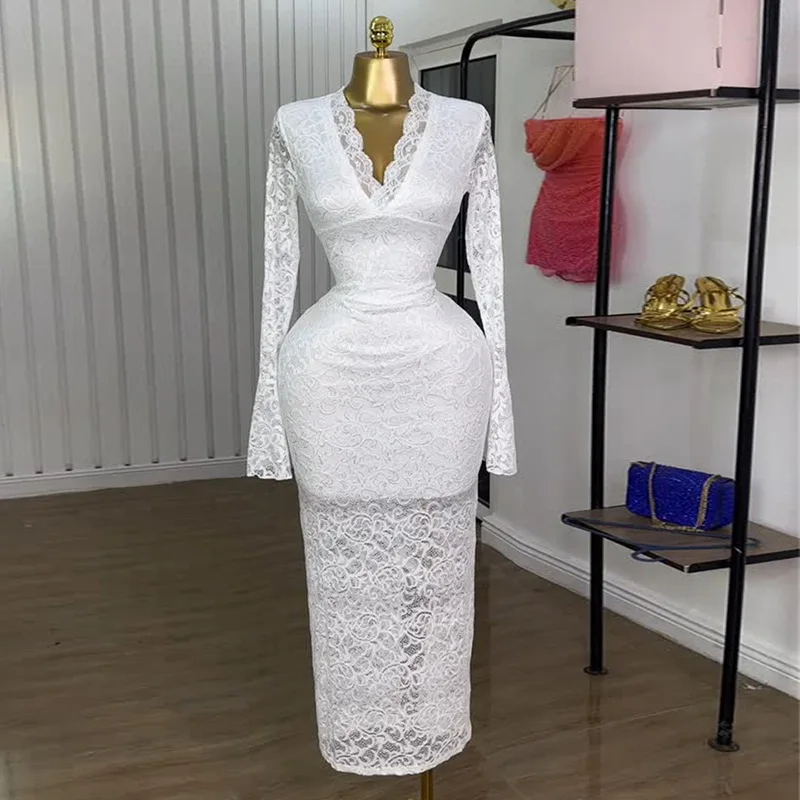 

New sexy temperament lace hollow V-neck horn sleeve slim dress fashionable simple versatile temperament elegant holiday style hi