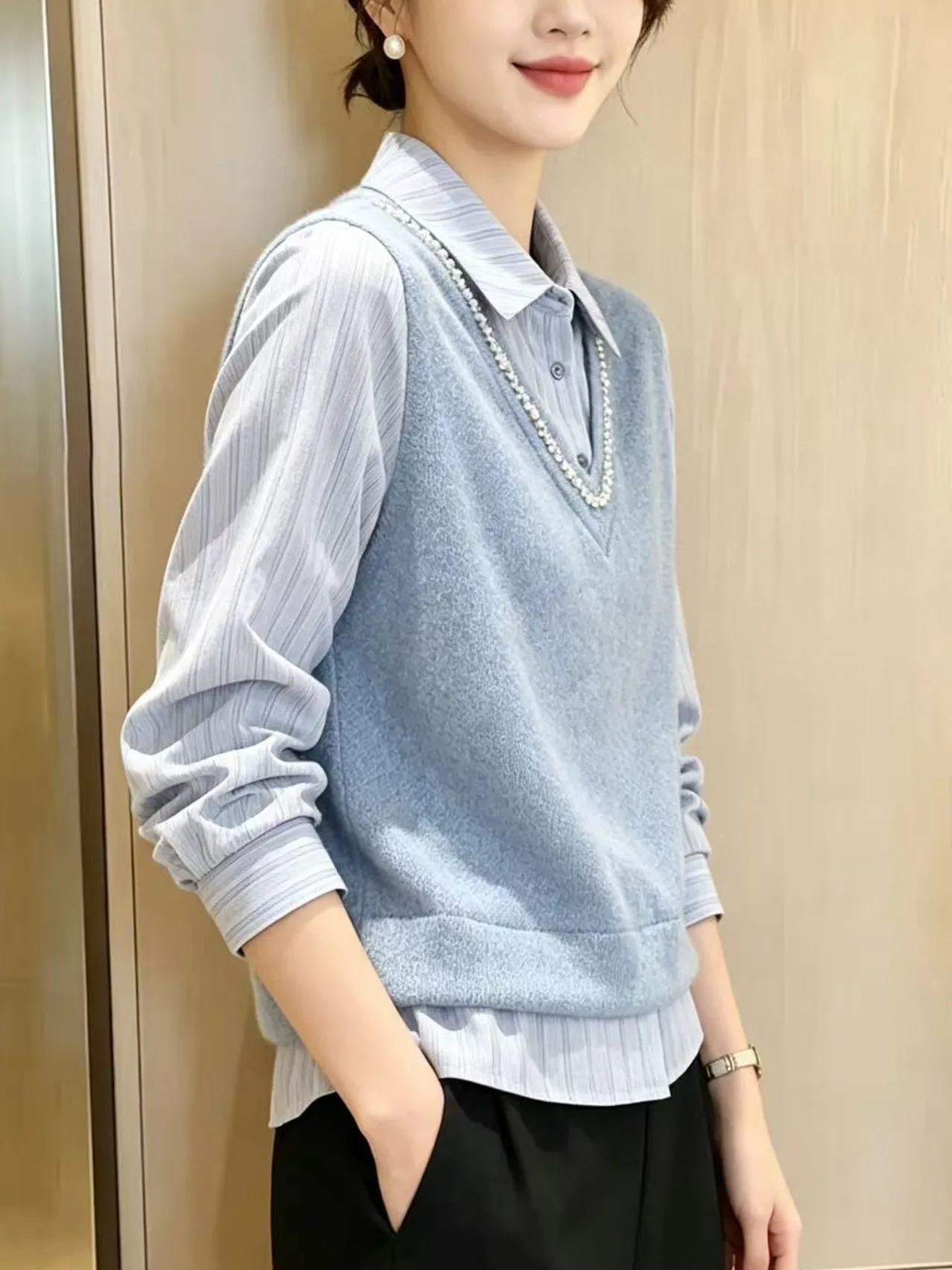 Elegant Long Sleeve Shirt Women's Fashion Spring Autumn Winter 2026 New Style Airy Top Ladylike Design Sense Fake Two-Piece