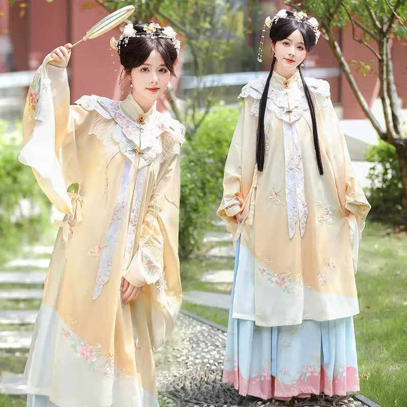 Weight 130kg Women Hanfu Dress Chinese Vintage Ming Dynasty Cosplay Costume Yellow Red Horse Face Pleated Skirt Plus Size 6XL