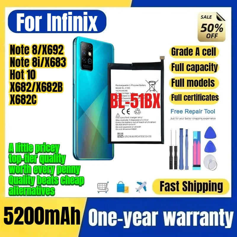 BL-51BX for Infinix Note 8/X692/Note 8i/X683/Hot 10/X682/X682B/X682C Phone Battery Replacement Bateria Grade A Cell with Tools