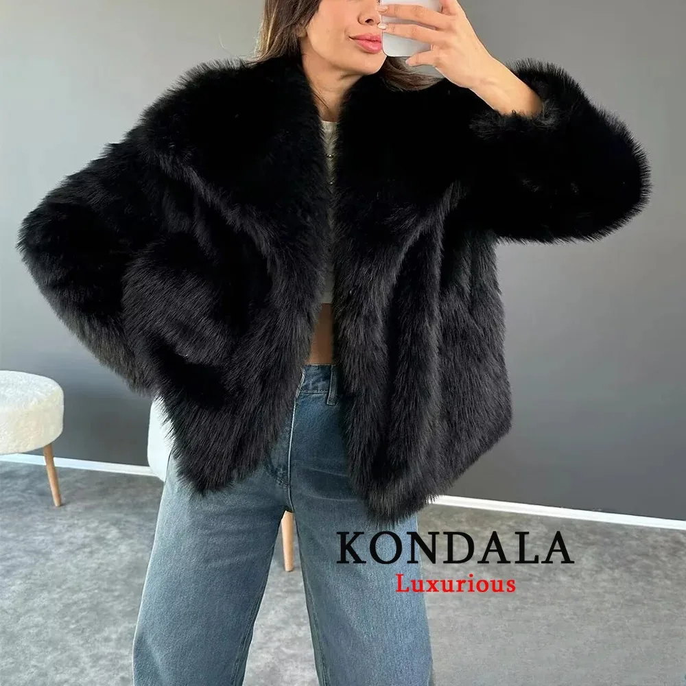 KONDALA Faux Fur Casual Jackets for Women Coats Thick Warm Soft Cropped Jakcets Vintage 2025 Long Sleeve Winter Coat Outwears