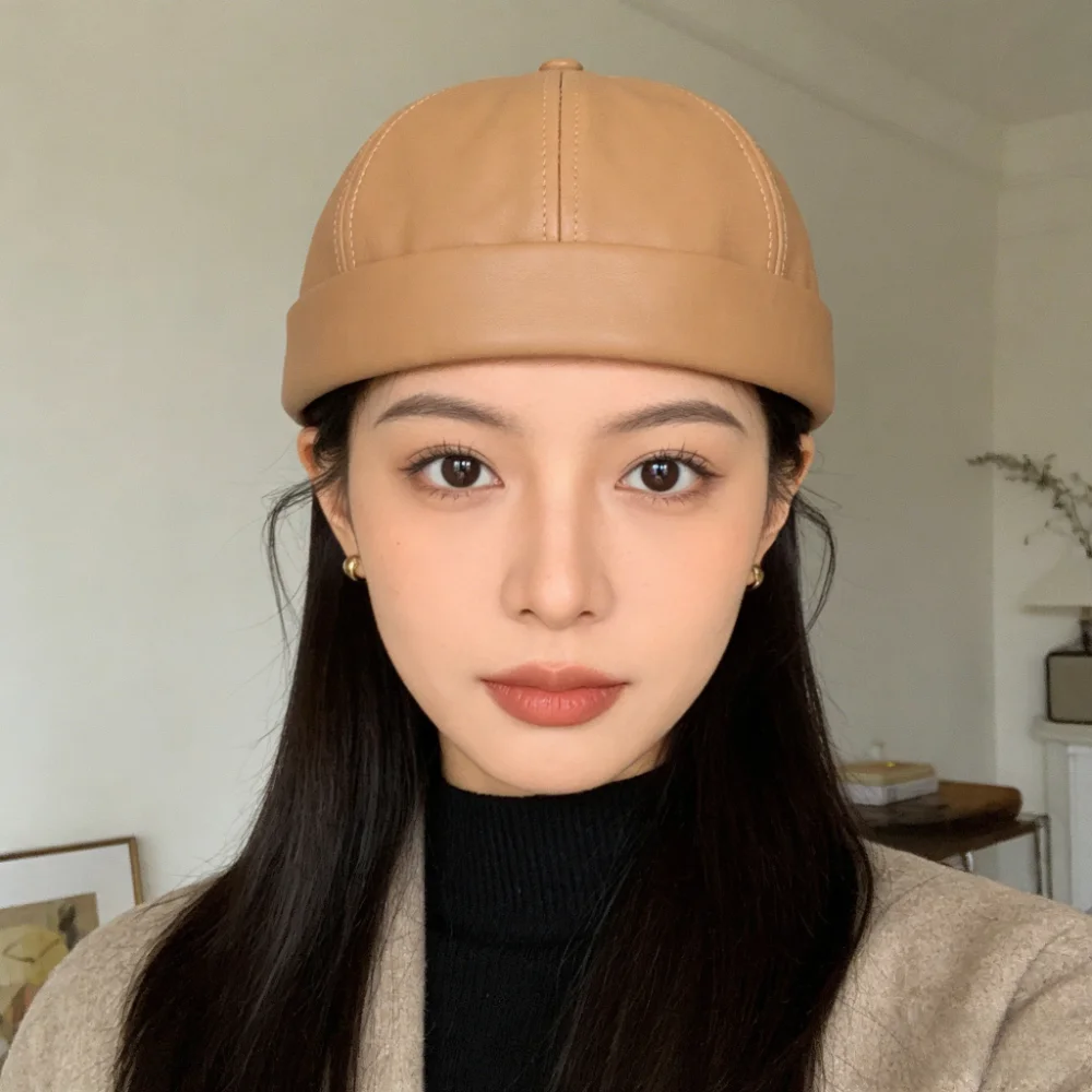 

Casual Leather Brimless Round Landlord Hat Solid Color Retro Melon Skin Hat Simplicity Adjustable Trendy Cap Hip Hop