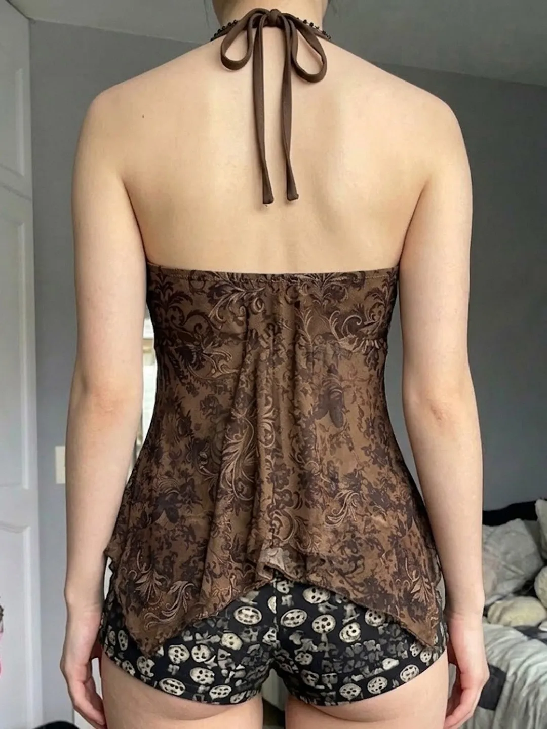 Beaded Neck Hanging Mesh Vest Women's Fashionable Classy Beaded Necklace Strapless Vest A-Line Narrow Shoulder Strap Vest