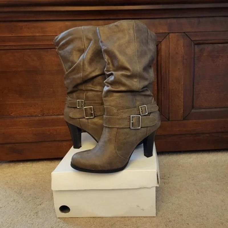 Brown Buckle Knee High Matte Boots Round Toe Chunky Heel Fashion Sexy Cool Winter Big Size 2025 Woman Shoes Zapatillas Mujer