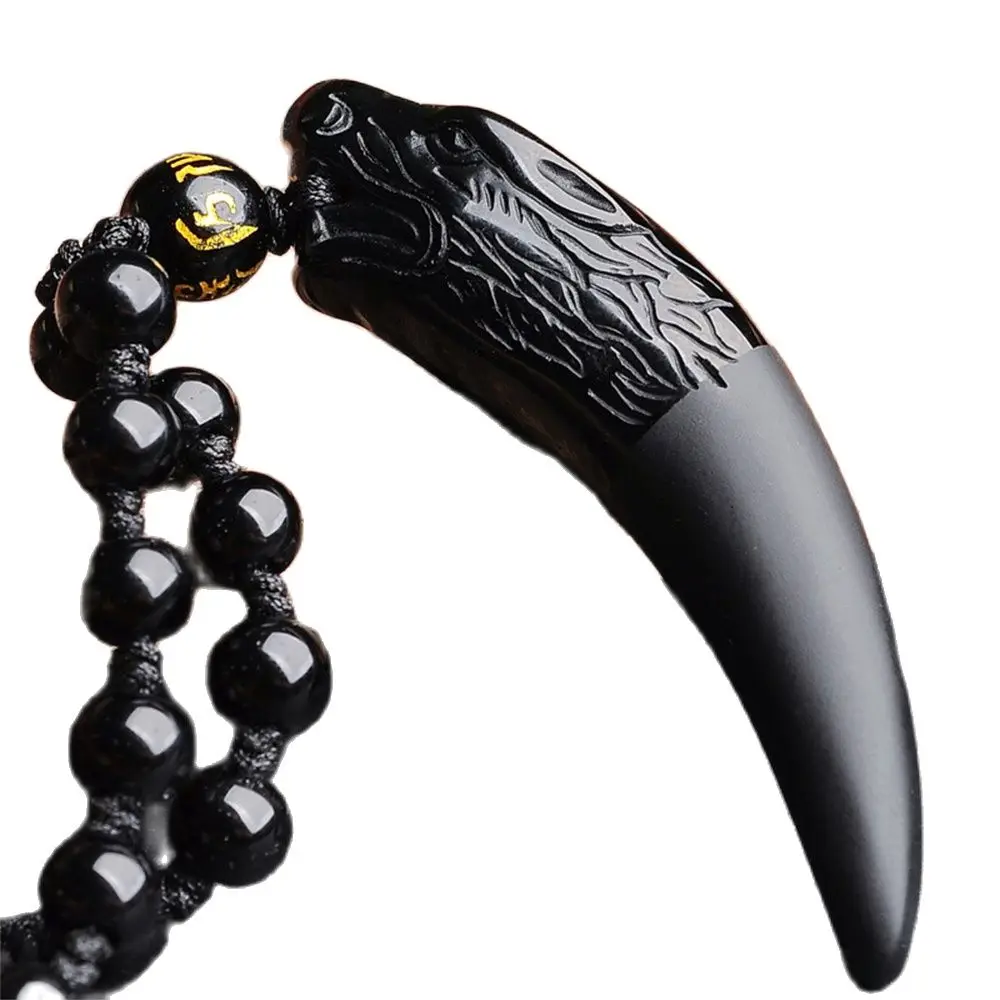 Drop Ship Chinese Handwork Natural Black Obsidian Carved Long Wolf Head Amulet Lucky Pendant + Free Beads Necklace Jewelry