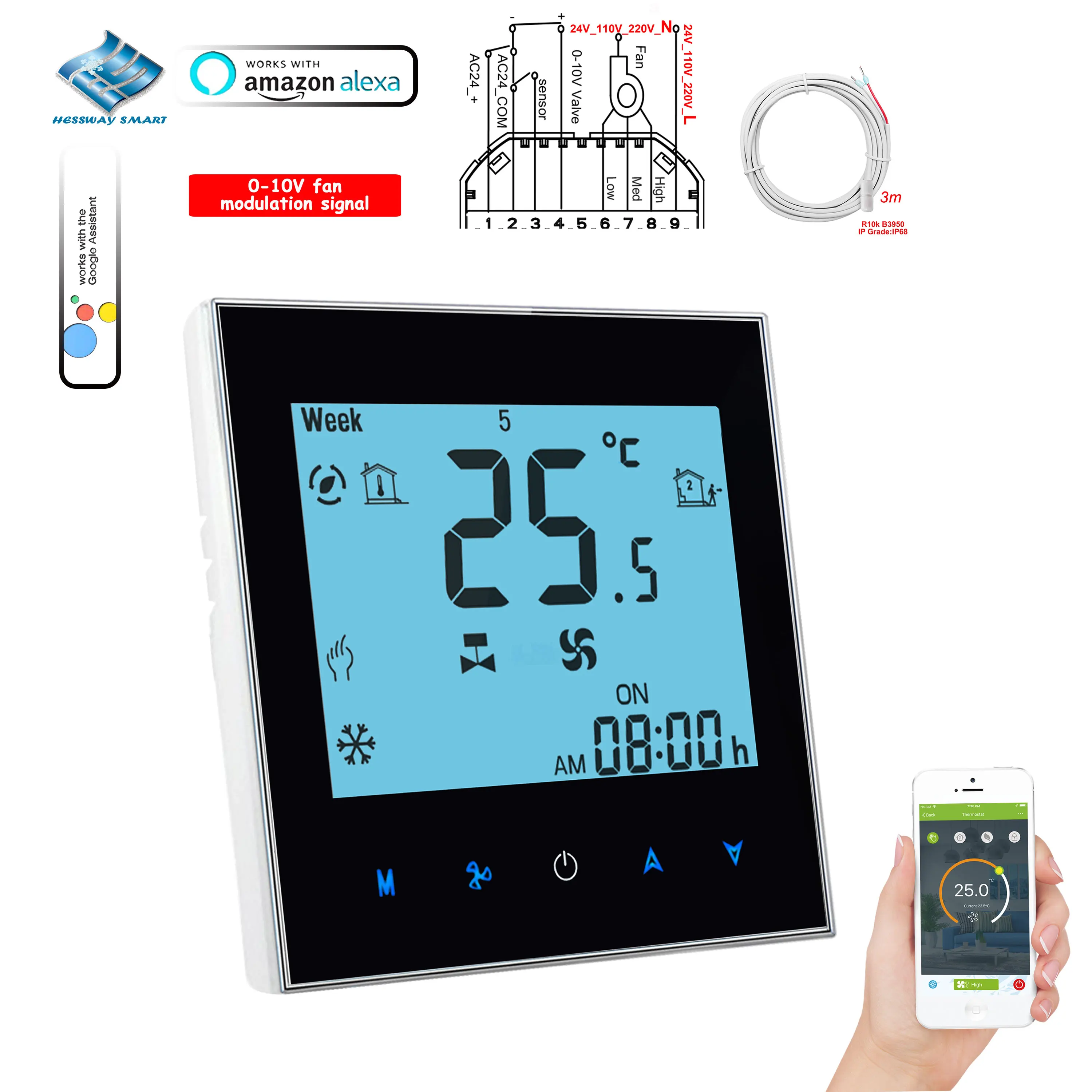 Termostato inteligente WIFI/RS485 de la UE para Sensor Dual, 2 tubos, 0-10V, válvula de modulación, ventilador de contacto seco, entrada de relé de bobina, 220V, 110V, 24V, 12V