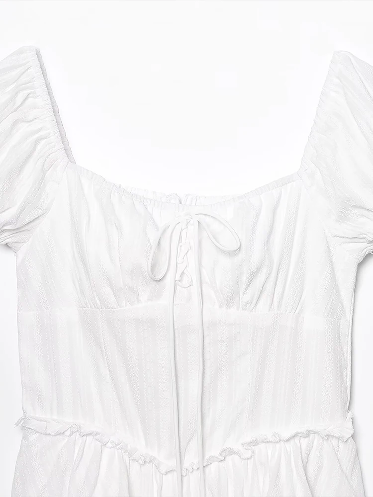 Europäischen stil neue frauen mode temperament weiß quadrat kragen krawatte taille abnehmen holz ohr rand kleid