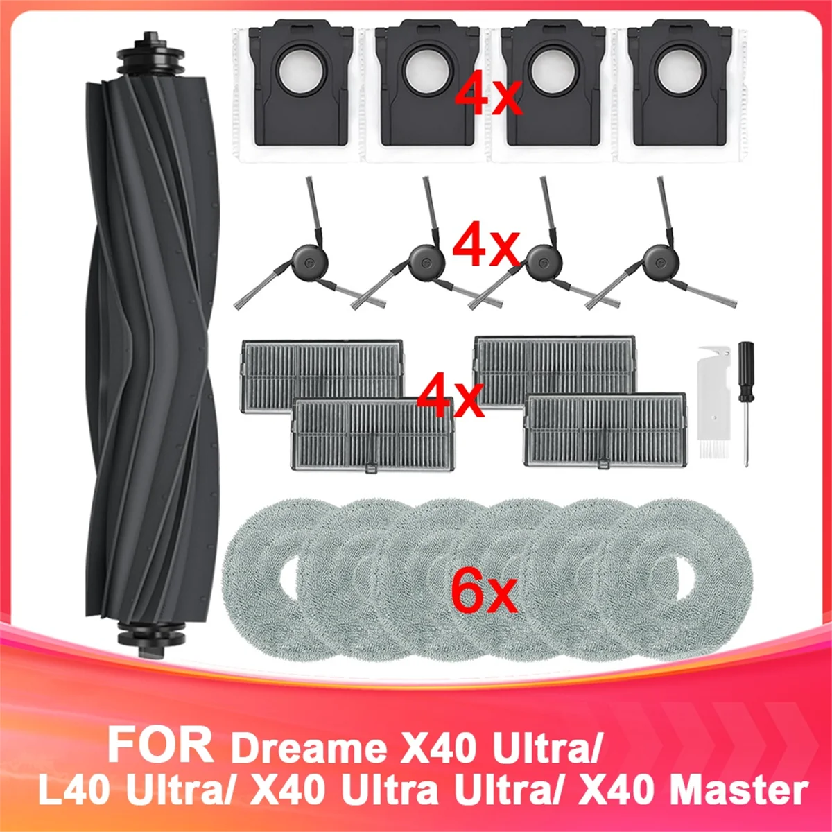 

A35T-Accessories for Dreame X40 Ultra/L40 Ultra/X40 Ultra Complete, Replacement Kit Main Brush Filters Side Brushes Dust Bags