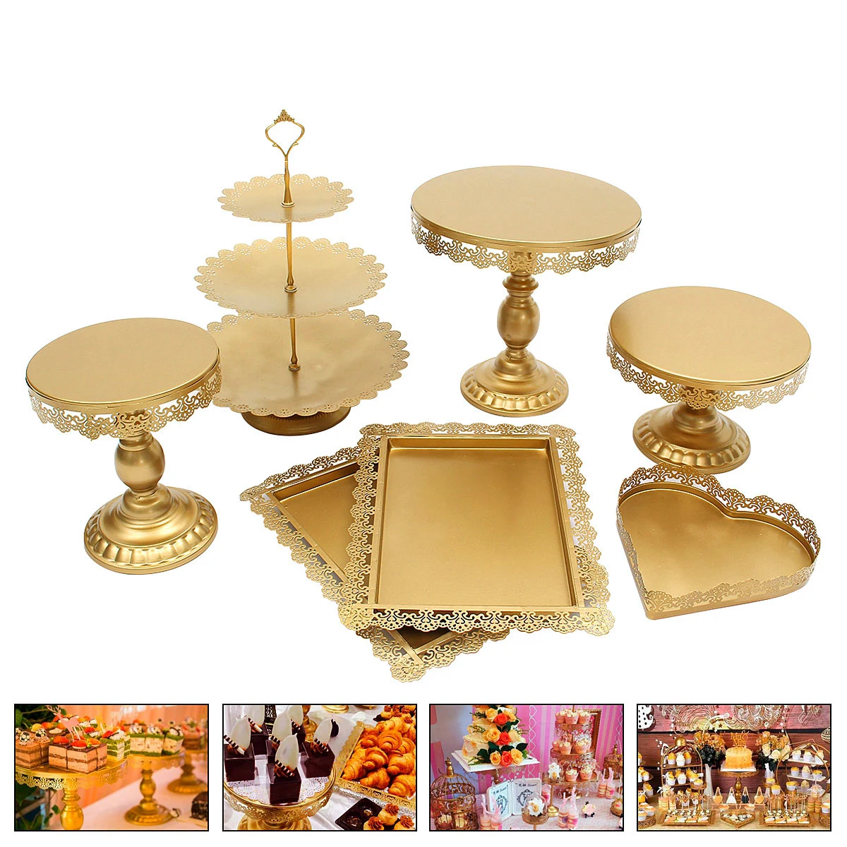 7pcs White Gold Metal Wedding Cake Stand Dessert Display Stand for Birthday Party Cupcake Decor