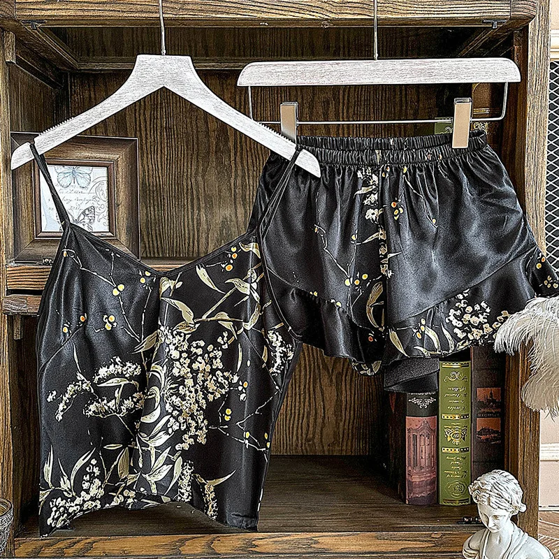 

Женский пижамный комплект из искусственного шелка с шортами на подтяжках - сексуальный модный принт из двух предметов, домашняя комфортная одежда, сексуальный комплект нижнего белья