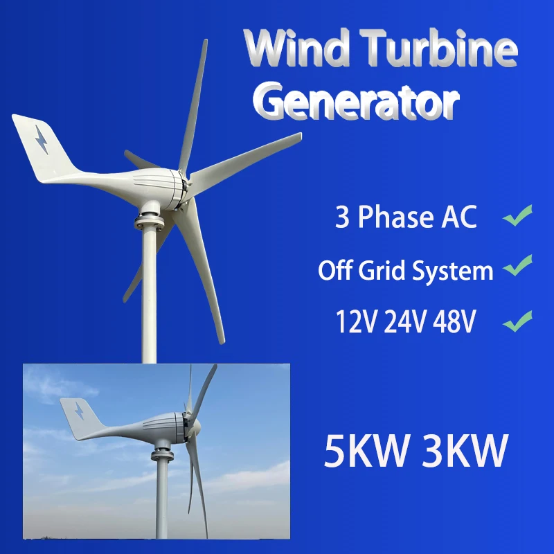 5000W Wind Horizontal Turbine Generator Alternative Free Energy Windmill 48V 24V 12V MPPT Hybrid Controller For Home Use System