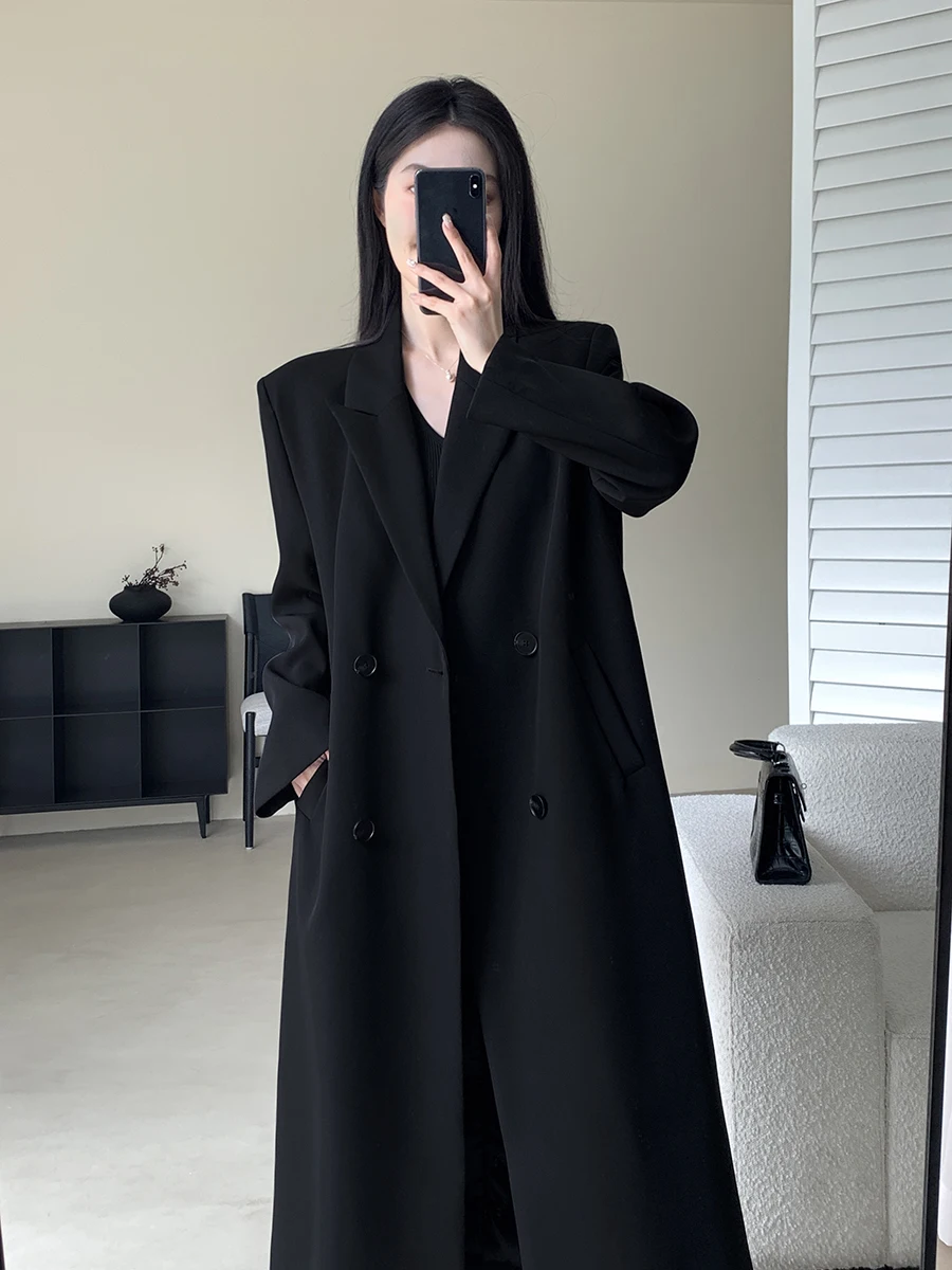 

FT GUOGE Bla Ele Double-Breasted Midi Length Women's Coat Spring 2026 New Sle Polyester Fiber 93% Polyurethane Elasti...