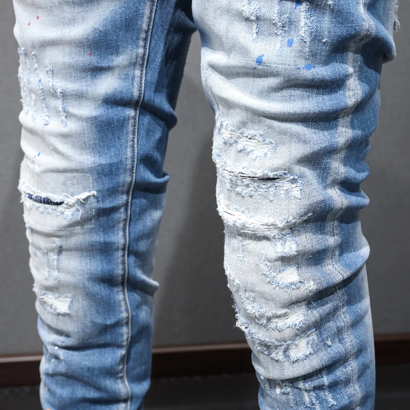 Street Fashion Men Jeans Retro Light Blue Elastic Stretch Skinny Ripped Jeans Men Painted Designer Hip Hop Denim Pants Hombre