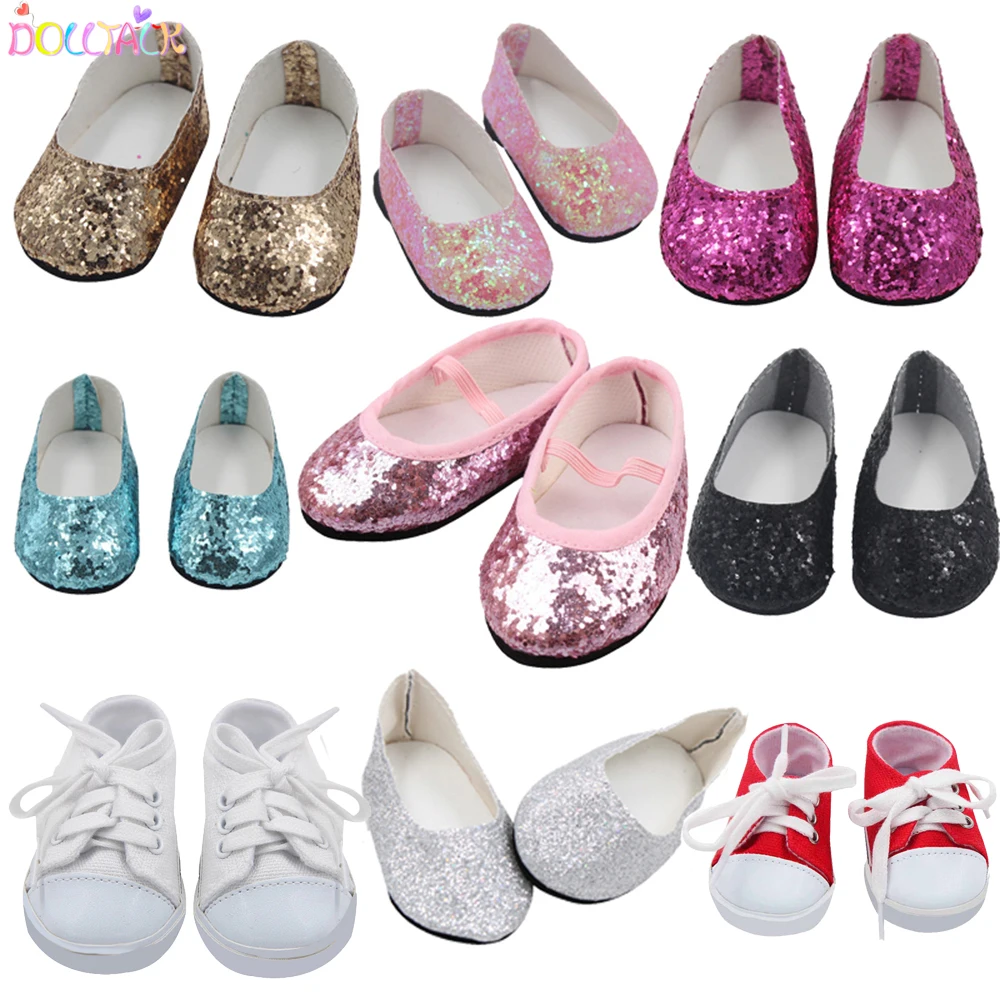 

New Fashion Baby Sequins Doll Shoes 7cm Manual Shoes Lovely 43cm Dolls Baby New Born and 18 inches American Doll Shoes Sock