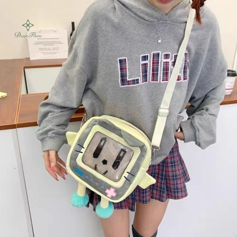 Plush Square Smiling Cat Female Cute Ita Bag Kawaii Girl Transparent Cartoon Casual Crossbody Bag Women DIY Cosplay Shoulder Bag