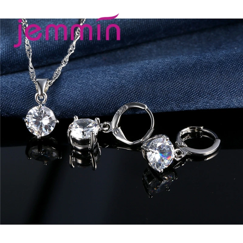 8 Colour AAA Crystal 925 Sterling Silver Pendants Earring Necklace Set Women Girls Party Four-Claw Jewelry