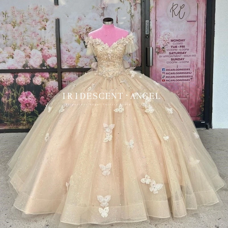 Schillerndes Ballkleid glitzernd schulter frei Quince anera Kleid Schmetterling Applikationen Vestidos de 15 Geburtstags feier Kleider Korsett