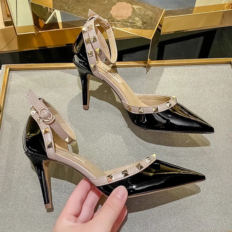 Black Genuine Leather Riveted Women\'s Sandals High Heels New Thin Heel Pointed Shallow Mouth Stripe Summer Ladies Pumps 6cm/8cm