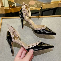 Black Genuine Leather Riveted Women's Sandals High Heels New Thin Heel Pointed Shallow Mouth Stripe Summer Ladies Pumps 6cm/8cm