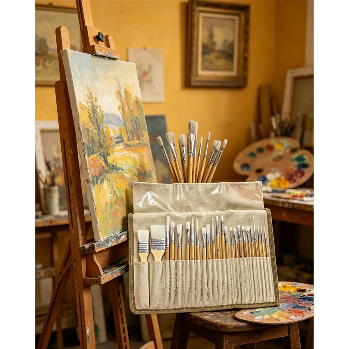 update. 24-Piece Paint Brush Set with Canvas Case, Wooden Handles for Oil, Acrylic, Watercolor