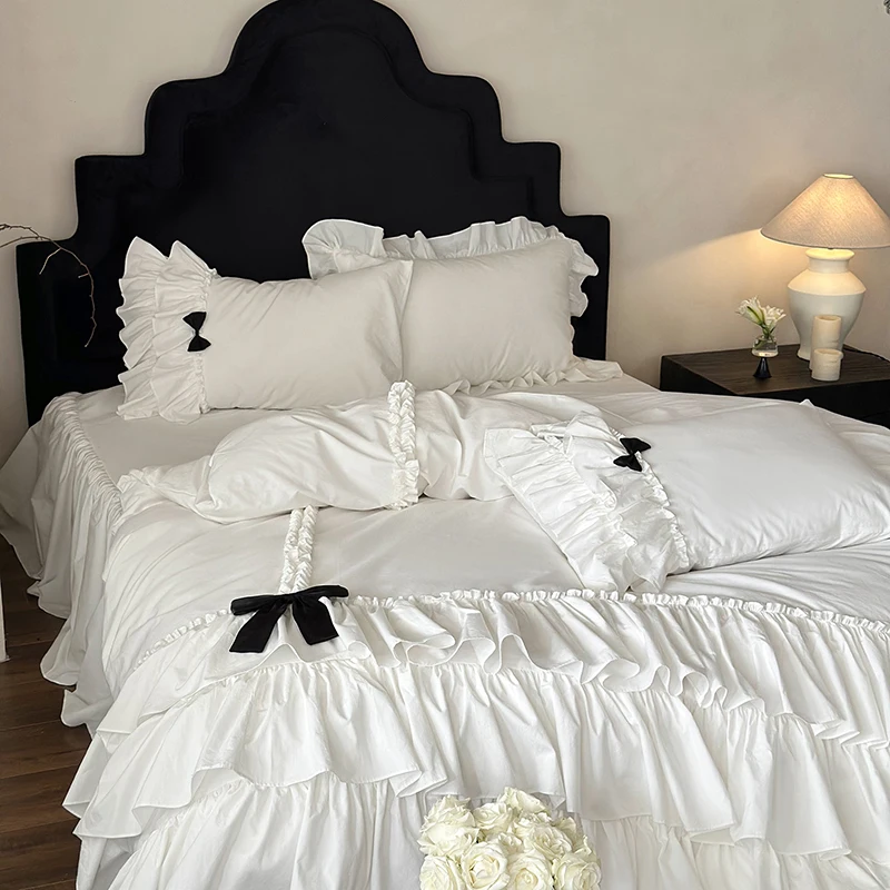 100% Washed Cotton White French Princess Style Three-layer Ruffles Bow Bedding Set Duvet Cover Set Bedskirt Bedspread Pillowcase