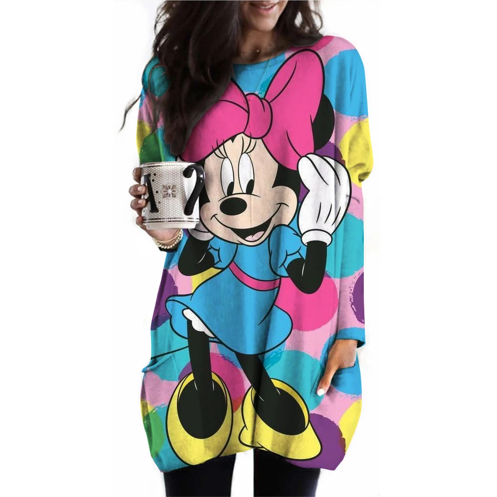 Disney Mickey Mouse Print T Shirt Women Graphic Shirts Casual Long Sleeved Minnie Mouse Pink Female Tee O-neck Harajuku T-shirts