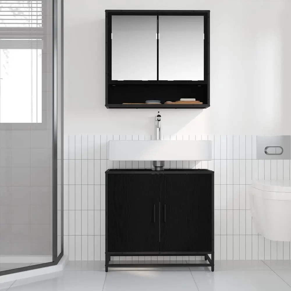 Meuble sous-vasque 120 x 50 x 85 cm en bois d'ingénierie avec poignées en acier noir mat, design minimaliste, grand espace de rangement pour salle de bain, chambre d'hôtes, aménagement moderne, entretien facile, robuste