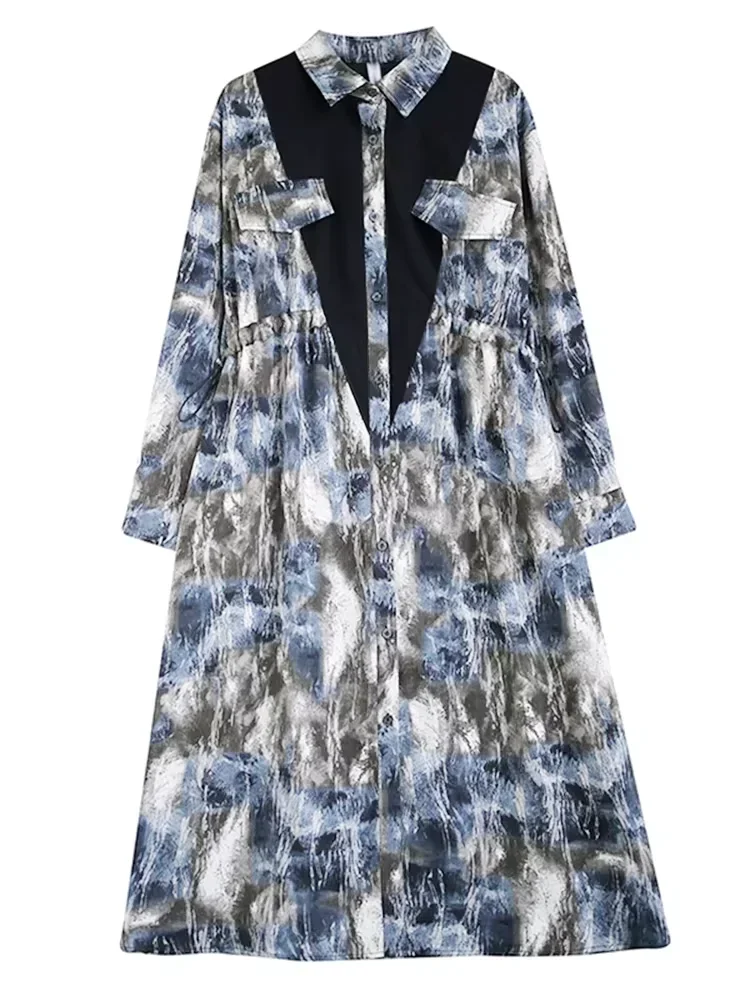 XITAO-vestido camisero holgado con estampado de retazos para mujer, vestido informal con cordón de un solo pecho, novedad de otoño, vestido sencillo con temperamento DMJ4175