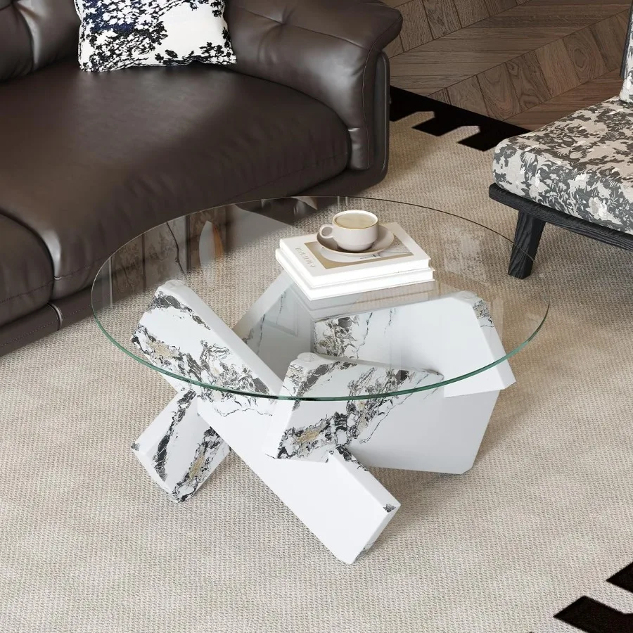 White Round Glass Coffee Table33Inch Small Modern for Living Room Clear Circle Accent Table Adapts to Farmhouse and Contemporar