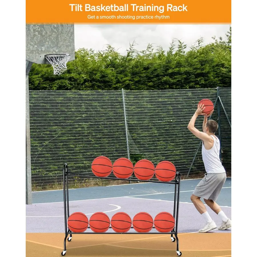 Basketball Rack Ball Storage Holder Tilt Basketball Shooting Training Rack, Garage Sports Equipment Organizer, Outdoor and Indoo