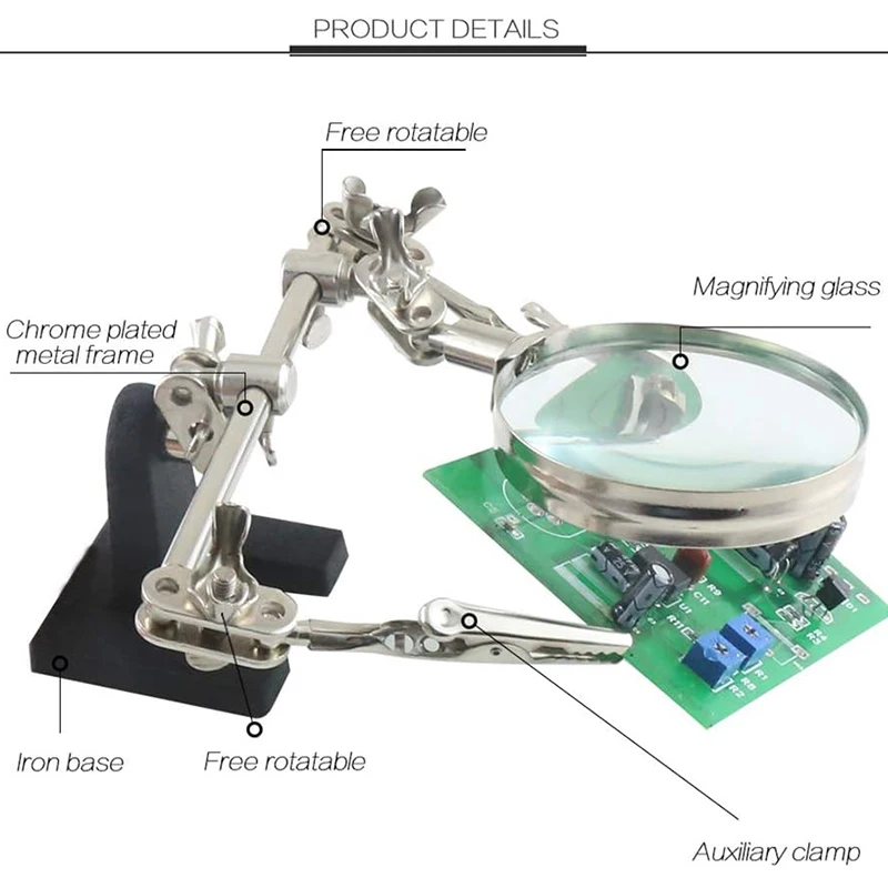 Third Hand 5X Magnifying Glass Stand For Electronic Works Jeweler Watch Repair Welding Soldering Magnifier With Dual Clips