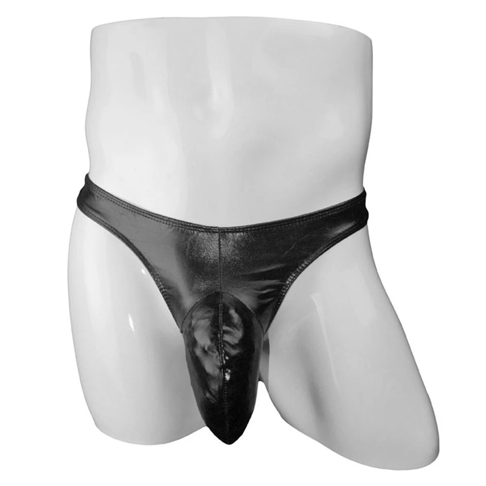 Mens Bulge Pouch Briefs Wet Look Underwear Bikinis Faux Leather T-Back Thong Sexy Men\'s Big Cock Briefs New Clubwear Size