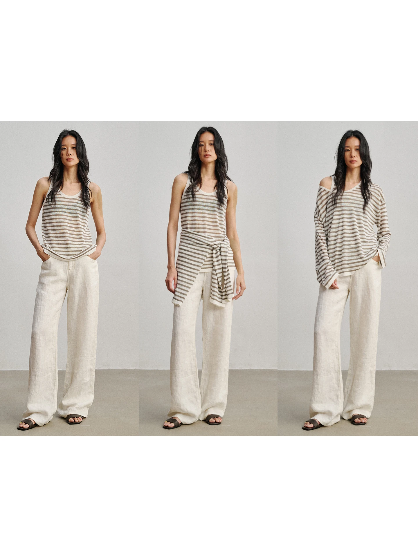 

Женская летняя модная повседневная одежда: вязаный полосатый жилет-футболка Ayuko Cool Linen Han Han с длинным рукавом, удобный и дышащий