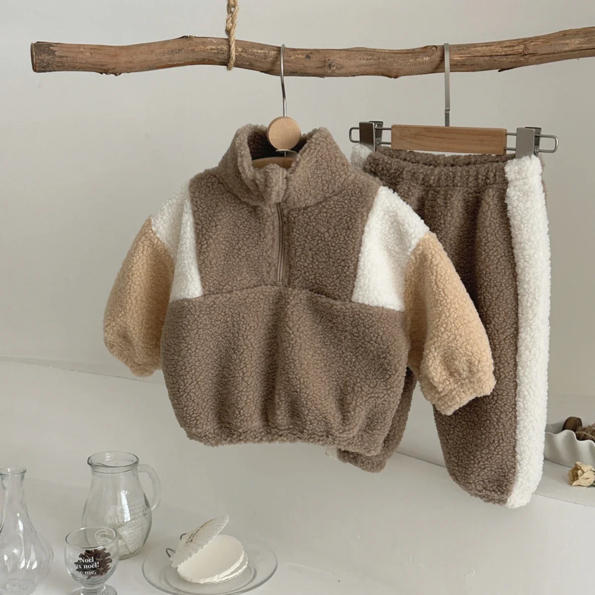 2Pcs Baby Boys/Girls Winter Lamb Fleece High Neck Top+patchwork Pants For Newbron Baby Fashion Daily Wear Clothing Set
