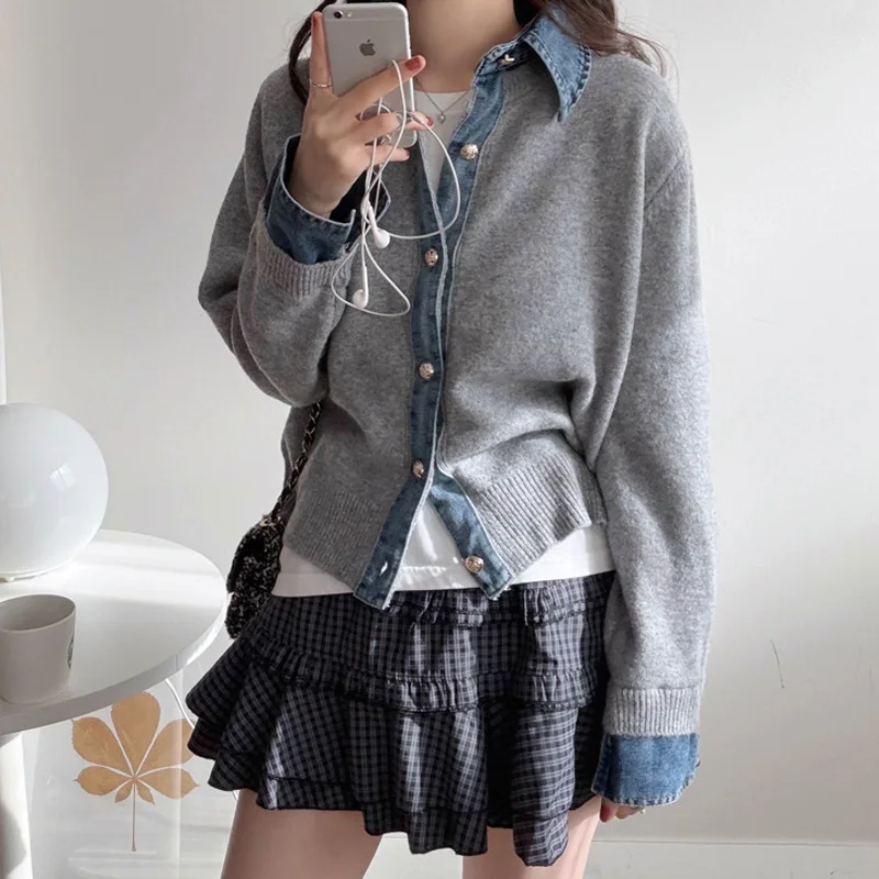 Women's Knitted Sweater Autumn Winter Chic Denim Patchwork Slimming High-End Lazy Sle Open-Front Knitwear Top
