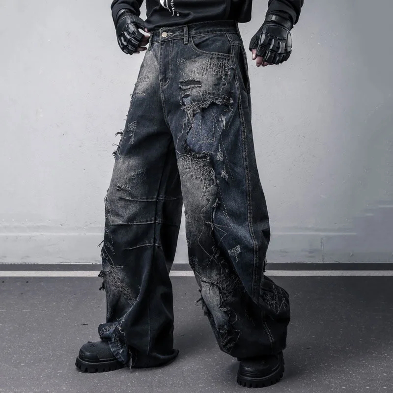 HKSH ربيع الخريف جديد الرجال الظلام نمط غسلها خمر المرقعة التطريز المتوترة حافة الجينز فضفاض واسعة الساق الدنيم السراويل HK13295