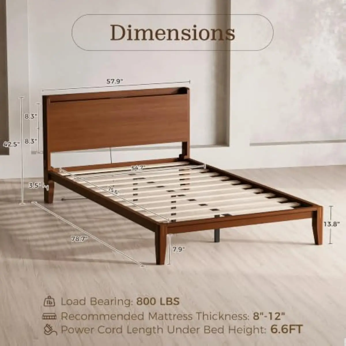 Bamboo Wood Full Bed Frame with Integrated Charging Hub Featuring Dual AC Outlets USB Port and Type-C Connector Mid-Century Mode