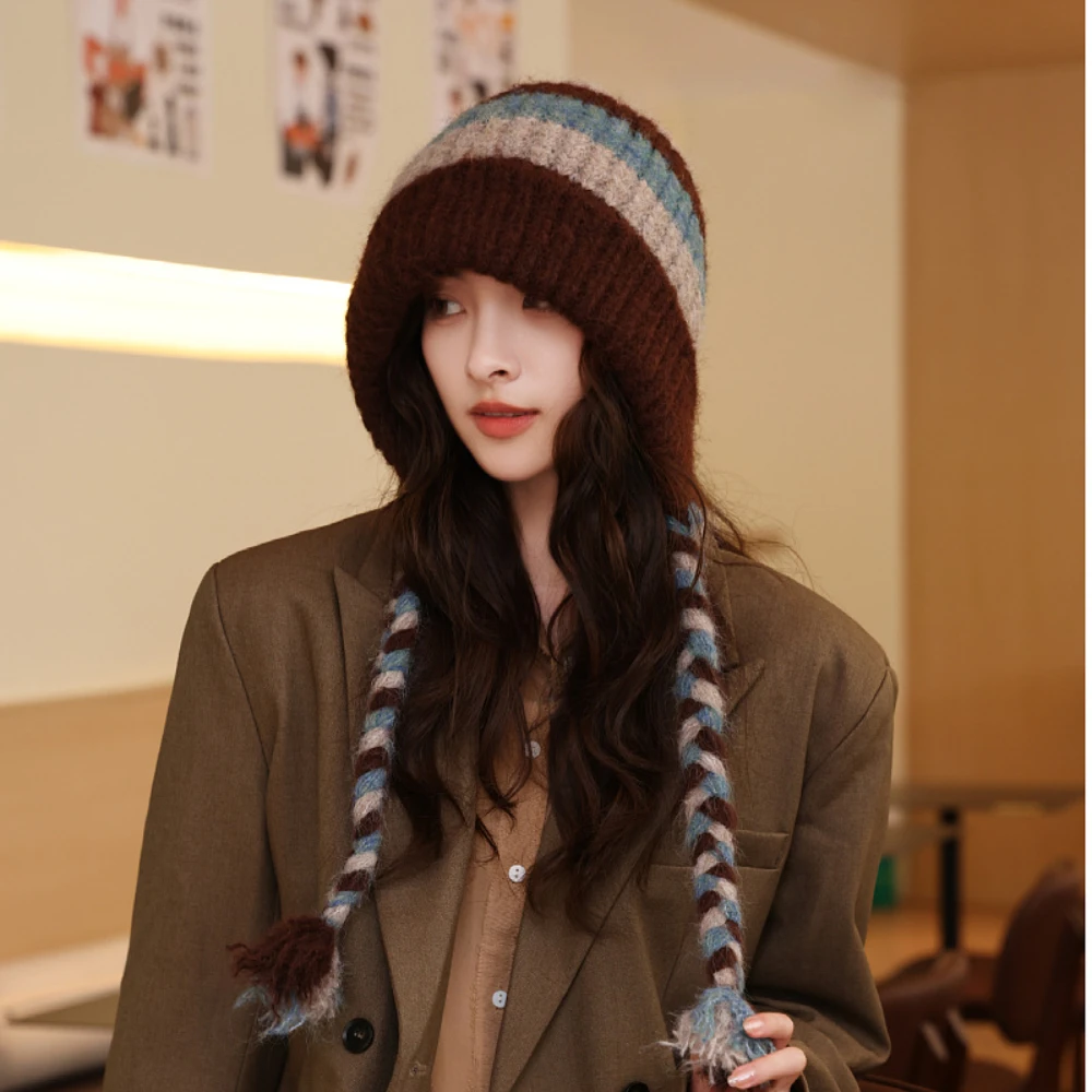 Autumn And Winter Women's Wool Spliced ​​knitted Beanie Thickened To Keep Warm And Protect Against Cold And Ear Protection