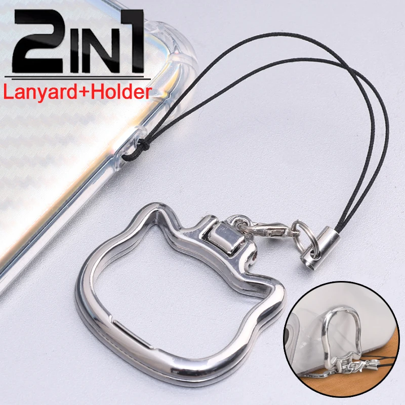 2 IN 1 Cat Shape Metal Holder Lanyard For iPhone Samsung Huawei Universal Anti Lost Hanging Rope Foldable Desktop Stand